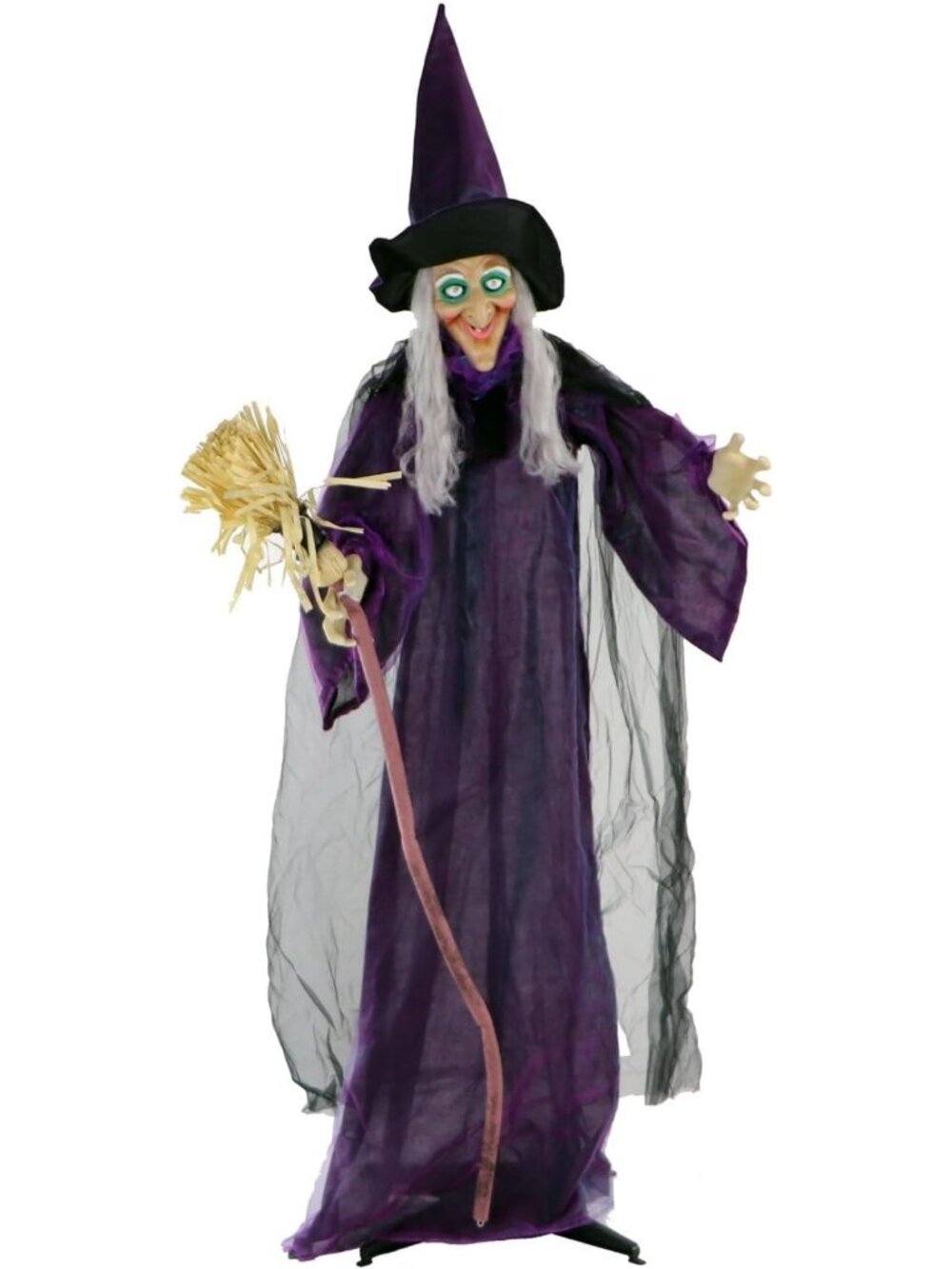 Life-Size Scary Talking Witch Animatronic with Broomstick - Halloween Decor